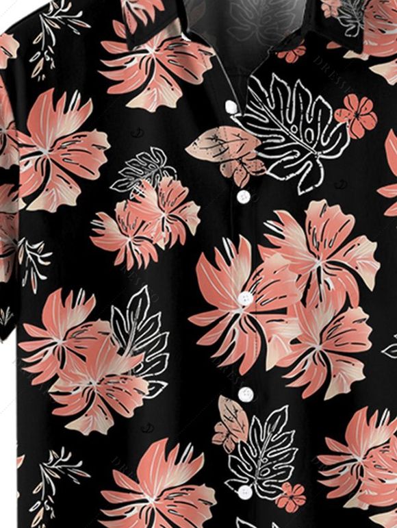 Chemise de Vacances Hawaïen Fleur et Feuille Tropicale Imprimées à Manches Courtes - Noir 2XL