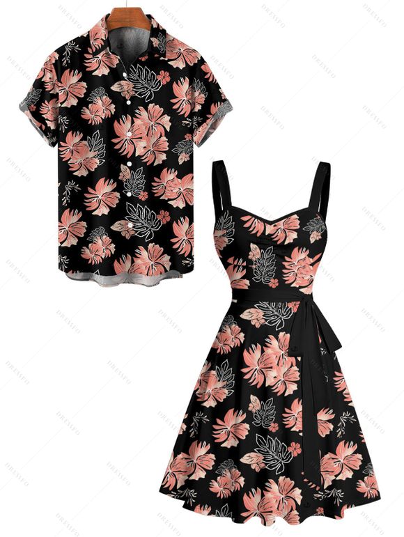 Tropical Flower Leaf Print Hawaii Vacation Belted Mini Dress And Short Sleeve Shirt Matching Outfit - Noir S | US 4