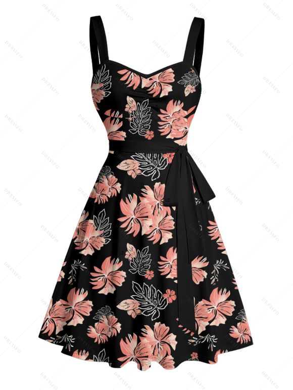 Tropical Flower Leaf Print Hawaii Vacation Belted Mini Dress And Short Sleeve Shirt Matching Outfit - Noir S | US 4