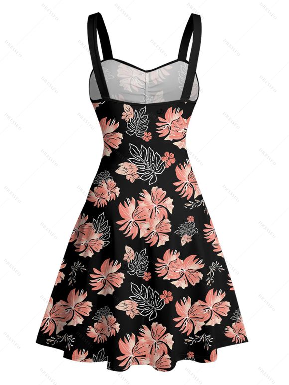 Tropical Flower Leaf Print Hawaii Vacation Belted Mini Dress And Short Sleeve Shirt Matching Outfit - Noir S | US 4