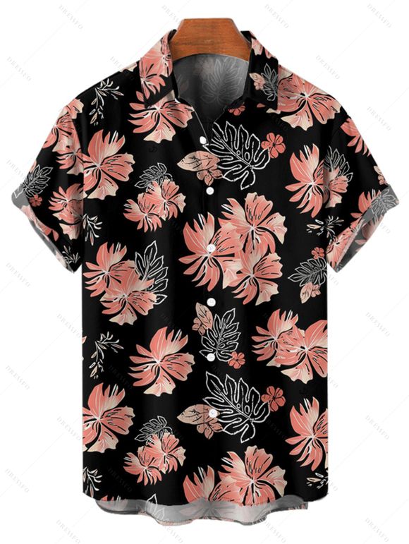 Tropical Flower Leaf Print Hawaii Vacation Belted Mini Dress And Short Sleeve Shirt Matching Outfit - Noir S | US 4