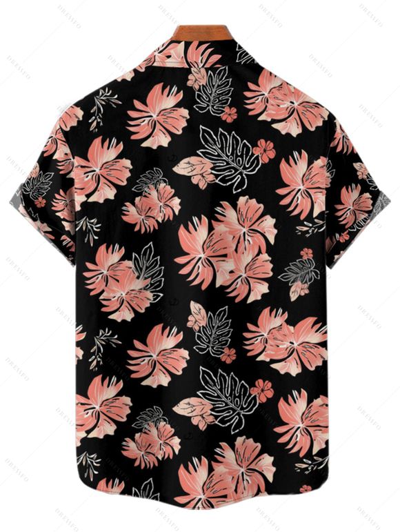 Tropical Flower Leaf Print Hawaii Vacation Belted Mini Dress And Short Sleeve Shirt Matching Outfit - Noir S | US 4