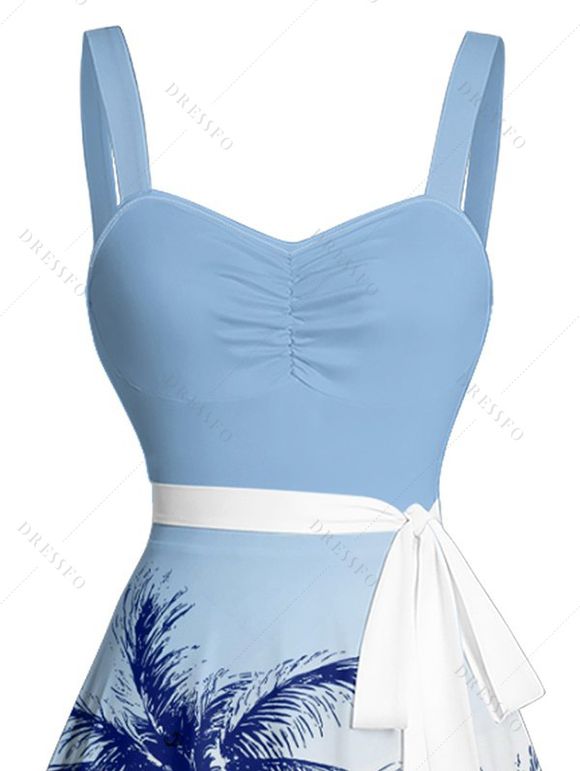 Mini Robe de Plage Hawaiien Palmier Imprimé Ceinturée - Bleu clair S | US 4