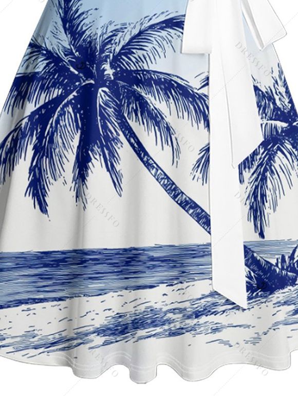 Mini Robe de Plage Hawaiien Palmier Imprimé Ceinturée - Bleu clair S | US 4