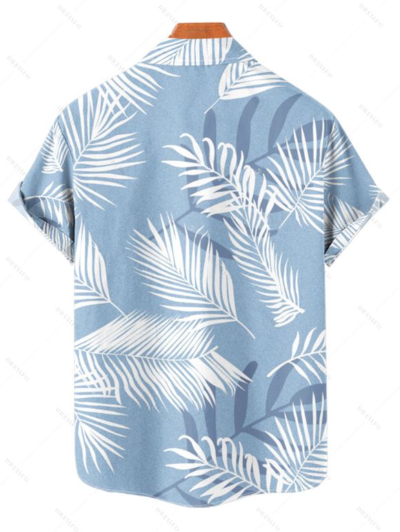 Chemise de Vacances Hawaïen Boutonnée Feuille Tropicale Imprimée à Manches Courtes - Bleu clair S