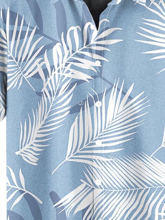 Chemise de Vacances Hawaïen Boutonnée Feuille Tropicale Imprimée à Manches Courtes - Bleu clair S