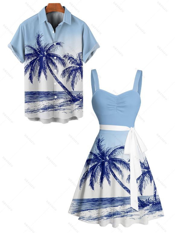 Hawaii Vacation Beach Palm Tree Print Belted Mini Dress And Short Sleeve Shirt Matching Outfit - Bleu clair S | US 4