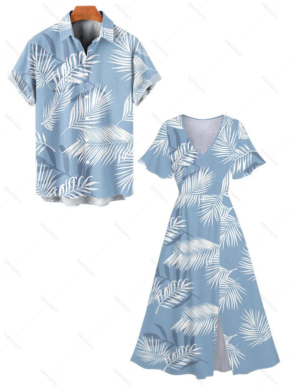 Hawaii Vacation Tropical Leaf Print Flutter Sleeve Split Hem Midi Dress And Short Sleeve Shirt Matching Outfit - Bleu clair S | US 4