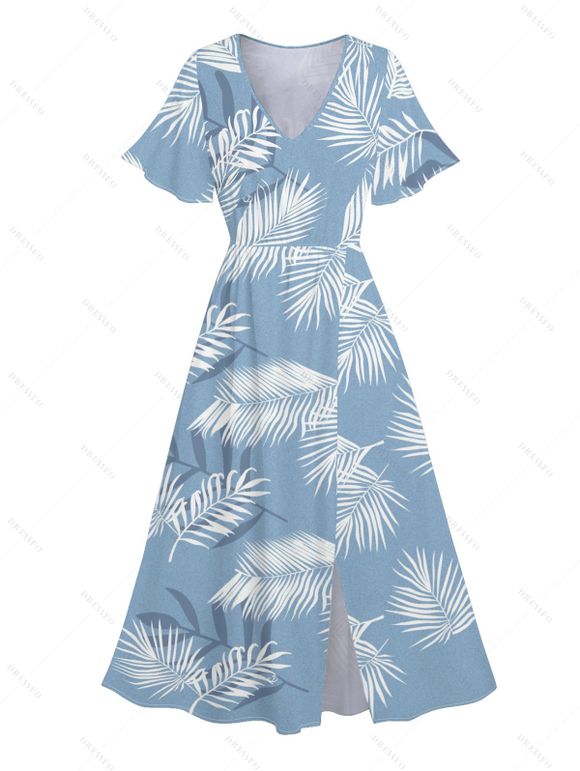 Hawaii Vacation Tropical Leaf Print Flutter Sleeve Split Hem Midi Dress And Short Sleeve Shirt Matching Outfit - Bleu clair S | US 4