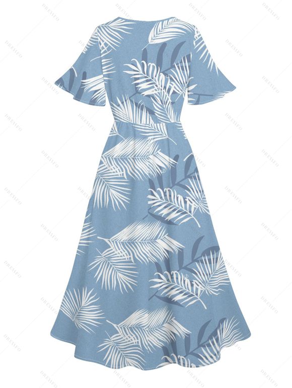 Hawaii Vacation Tropical Leaf Print Flutter Sleeve Split Hem Midi Dress And Short Sleeve Shirt Matching Outfit - Bleu clair S | US 4