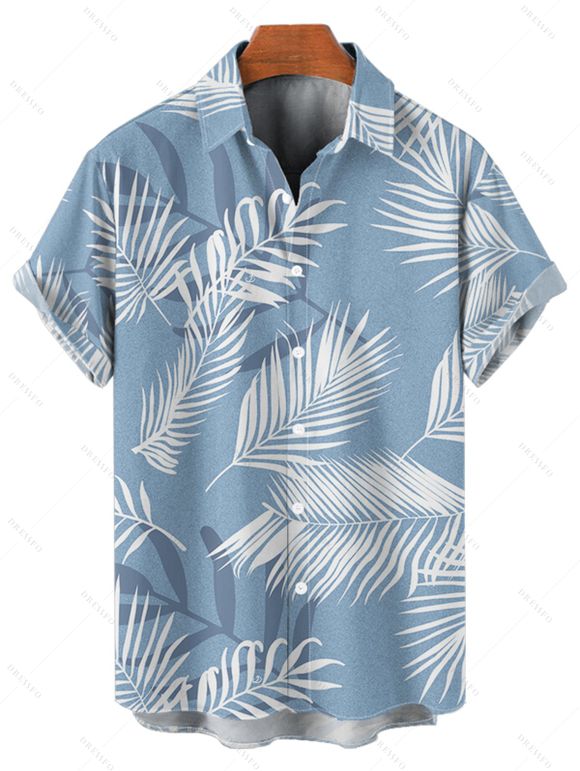 Hawaii Vacation Tropical Leaf Print Flutter Sleeve Split Hem Midi Dress And Short Sleeve Shirt Matching Outfit - Bleu clair S | US 4