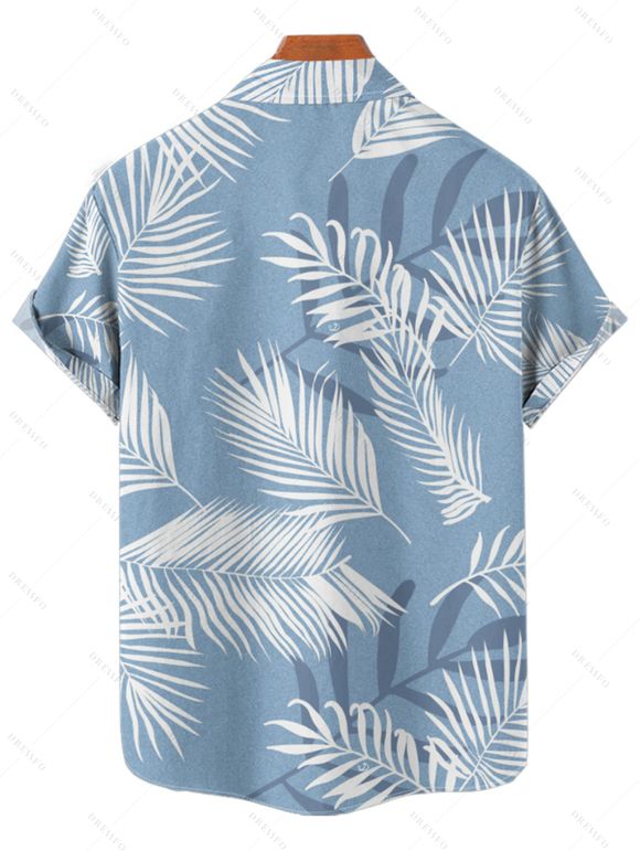 Hawaii Vacation Tropical Leaf Print Flutter Sleeve Split Hem Midi Dress And Short Sleeve Shirt Matching Outfit - Bleu clair S | US 4