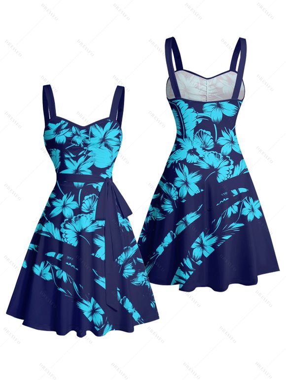 Mini Robe Ceinturée Fleur Imprimée sans Manches à Poitrine - Bleu profond XXXL | US 16