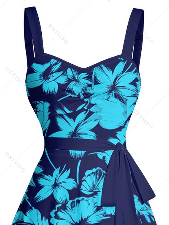 Mini Robe Ceinturée Fleur Imprimée sans Manches à Poitrine - Bleu profond XXXL | US 16