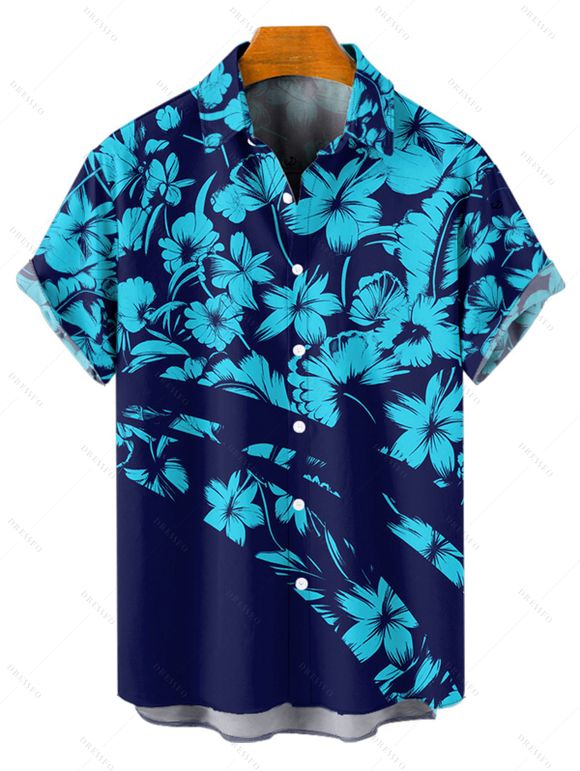 Chemise de Vacances Fleur Imprimée Boutonnée à Manches Courtes - Bleu profond 5XL