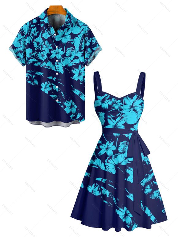 Flower Print Belted Mini Dress And Short Sleeve Shirt Vacation Matching Outfit - Bleu profond S | US 4