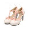 Retro T-Strap High Heels Bow Platform Round Toe Pumps Leather Sweet Shoes - Blanc EU 42