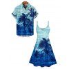 Tie Dye Coconut Tree Print V Neck Hawaii Vacation Mini Dress And Short Sleeve Shirt Matching Outfit - Bleu clair S | US 4