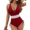 Maillot de Bain Zigzag Imprimé en Couleur Contrastée à Col Plongeant Une-Pièce - Rouge foncé XXL | US 12