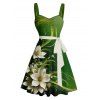 Flower Print Ruched Bust Belted St. Patrick's Day Dress And Short Sleeve Shirt Matching Outfit - Vert profond S | US 4