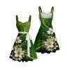 Flower Print Ruched Bust Belted St. Patrick's Day Dress And Short Sleeve Shirt Matching Outfit - Vert profond S | US 4