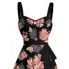 Mini Robe de Vacances Ceinturée Fleur Tropicale et Feuille Imprimées - Noir XXXXXL | US 20