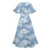 Robe Mi-Longue de Vacances Hawaïen Feuille Tropicale Imprimée Manches Bouffantes à Col V - Bleu clair XXL | US 14