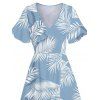 Robe Mi-Longue de Vacances Hawaïen Feuille Tropicale Imprimée Manches Bouffantes à Col V - Bleu clair XXL | US 14