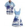 Hawaii Vacation Beach Palm Tree Print Belted Mini Dress And Short Sleeve Shirt Matching Outfit - Bleu clair S | US 4