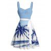 Hawaii Vacation Beach Palm Tree Print Belted Mini Dress And Short Sleeve Shirt Matching Outfit - Bleu clair S | US 4