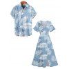 Hawaii Vacation Tropical Leaf Print Flutter Sleeve Split Hem Midi Dress And Short Sleeve Shirt Matching Outfit - Bleu clair S | US 4