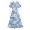 Hawaii Vacation Tropical Leaf Print Flutter Sleeve Split Hem Midi Dress And Short Sleeve Shirt Matching Outfit - Bleu clair S | US 4