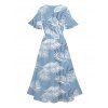 Hawaii Vacation Tropical Leaf Print Flutter Sleeve Split Hem Midi Dress And Short Sleeve Shirt Matching Outfit - Bleu clair S | US 4