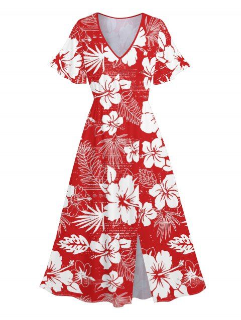 Robe de Vacances Mi-Longue Fleurie Imprimée Manches Bouffantes à Col V