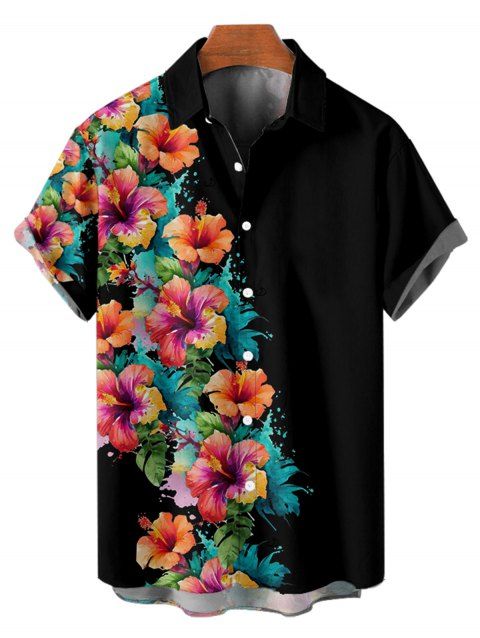 Chemise de Vacances Fleur et Demi-Boutonnée à Manches Courtes à Col Relevé