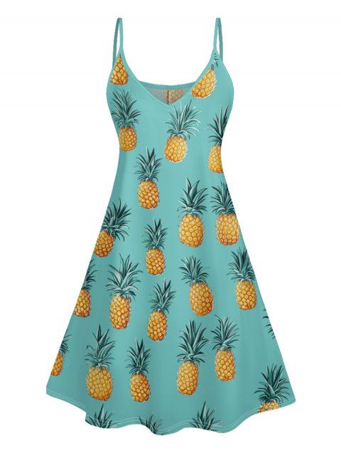 Pineapple Print V Neck Spaghetti Strap Mini Hawaii Vacation Dress
