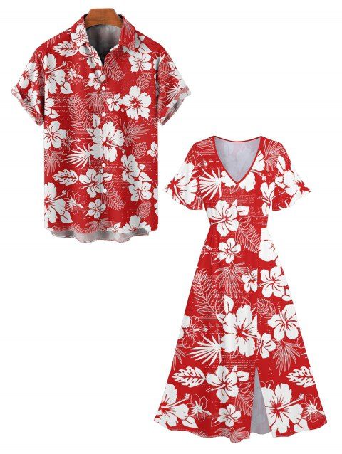 Tropical Print V Neck Split Hem Flutter Sleeve Vacation Dress And Short Sleeve Shirt Matching Outfit