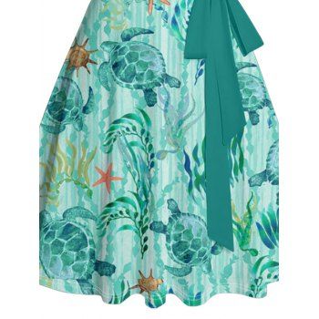 Allover Startfish Turtle Marine Print Belted Beach Vacation Mini Dress