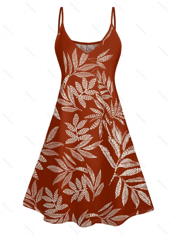 Mini Robe de Vacances Hawaiien Feuille Tropicale Imprimée à Bretelle Fine - Rouge M | US 6