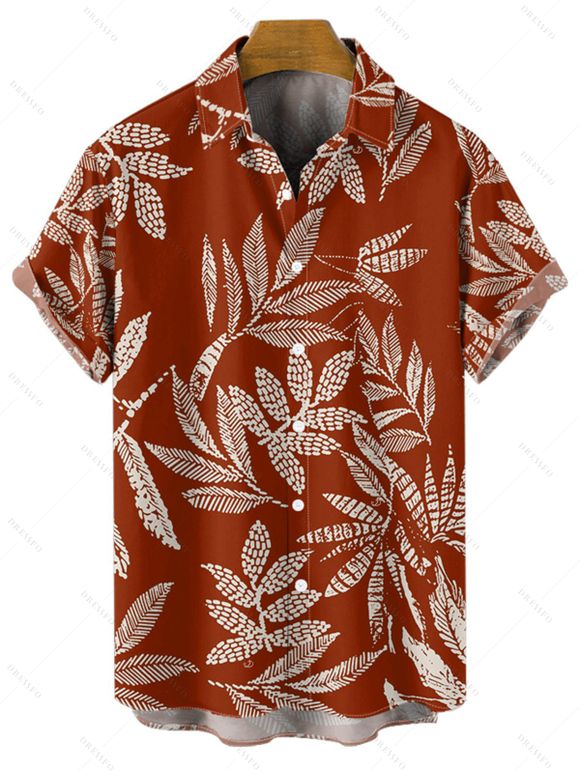 Chemise de Vacances Hawaïen Feuille Tropicale Imprimée Partout à Manches Courtes - Rouge M