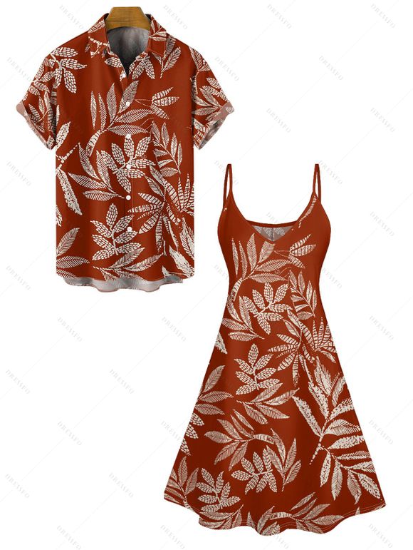 Allover Tropical Leaf Print V Neck Spaghetti Strap Mini Dress And Shirt Hawaii Vacation Matching Outfit - Rouge S | US 4