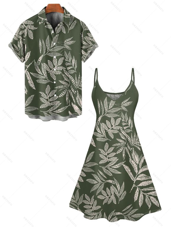 Allover Tropical Leaf Print V Neck Spaghetti Strap Mini Dress And Shirt Hawaii Vacation Matching Outfit - Vert profond S | US 4