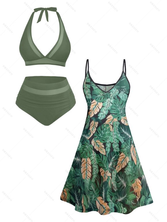 Allover Tropical Leaf Print Vacation Mini Dress And Sheer Mesh Panel Halter Two Piece Swimsuit Outfit - Vert profond S | US 4