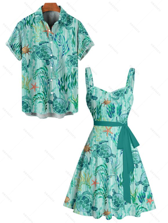 Vacation Allover Startfish Turtle Marine Print Belted Mini Dress And Short Sleeve Shirt Matching Outfit - Vert clair S | US 4