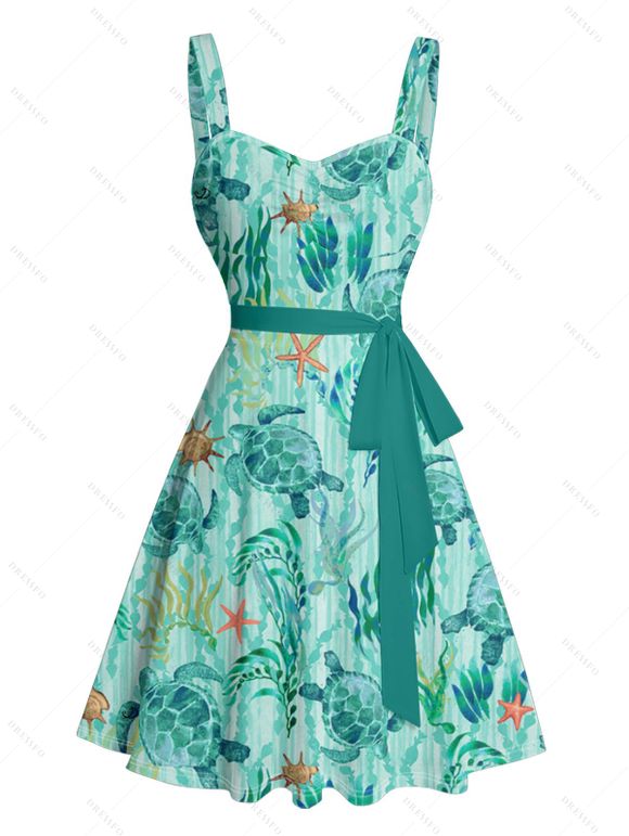 Vacation Allover Starfish Turtle Marine Print Belted Mini Dress And Short Sleeve Shirt Matching Outfit - Vert clair S | US 4