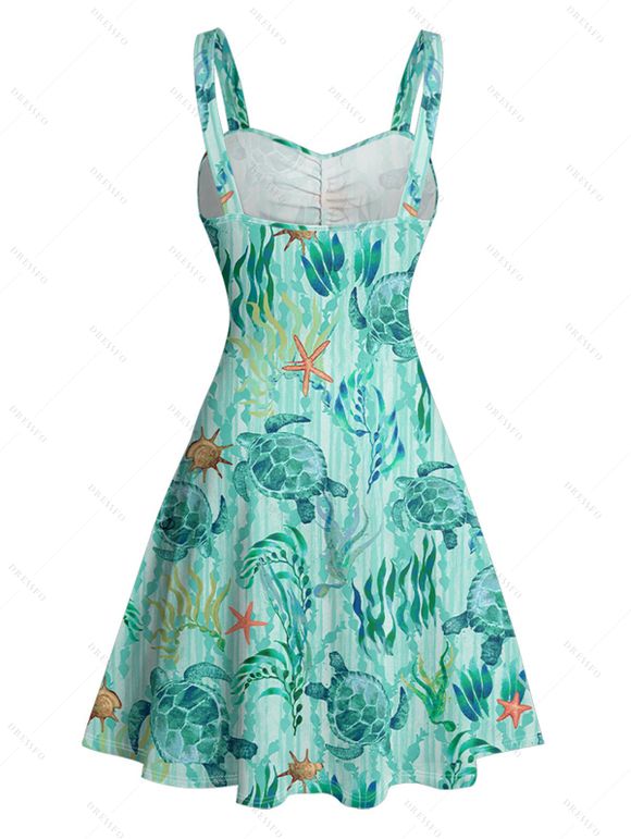Vacation Allover Starfish Turtle Marine Print Belted Mini Dress And Short Sleeve Shirt Matching Outfit - Vert clair S | US 4
