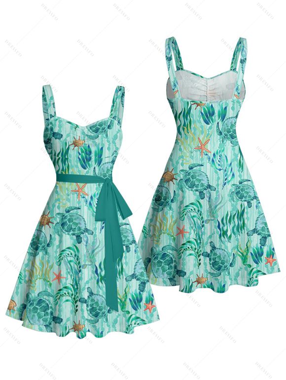 Vacation Allover Starfish Turtle Marine Print Belted Mini Dress And Short Sleeve Shirt Matching Outfit - Vert clair S | US 4