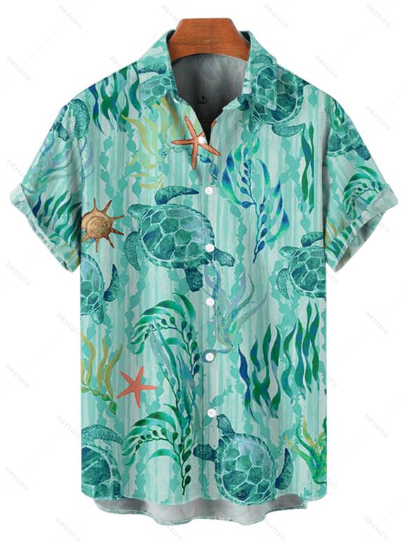 Vacation Allover Starfish Turtle Marine Print Belted Mini Dress And Short Sleeve Shirt Matching Outfit - Vert clair S | US 4