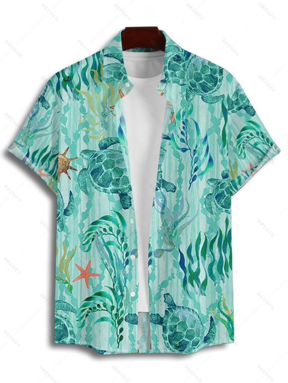Vacation Allover Starfish Turtle Marine Print Belted Mini Dress And Short Sleeve Shirt Matching Outfit - Vert clair S | US 4