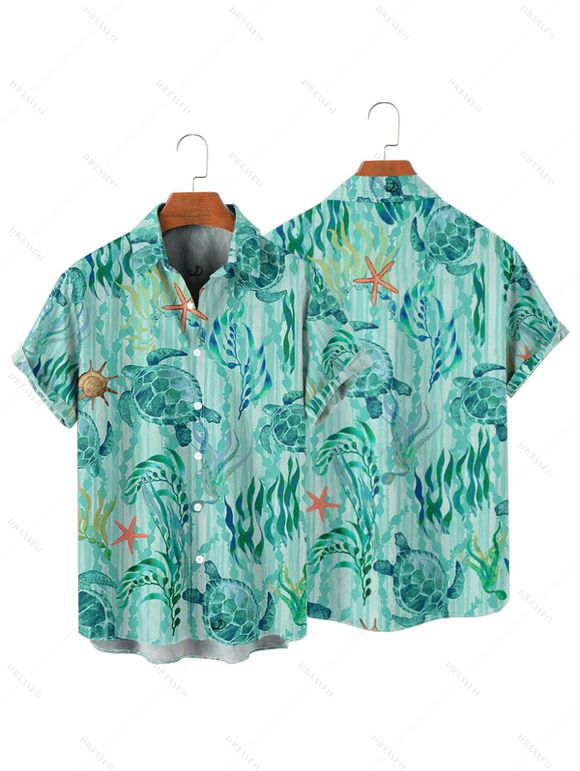 Vacation Allover Starfish Turtle Marine Print Belted Mini Dress And Short Sleeve Shirt Matching Outfit - Vert clair S | US 4